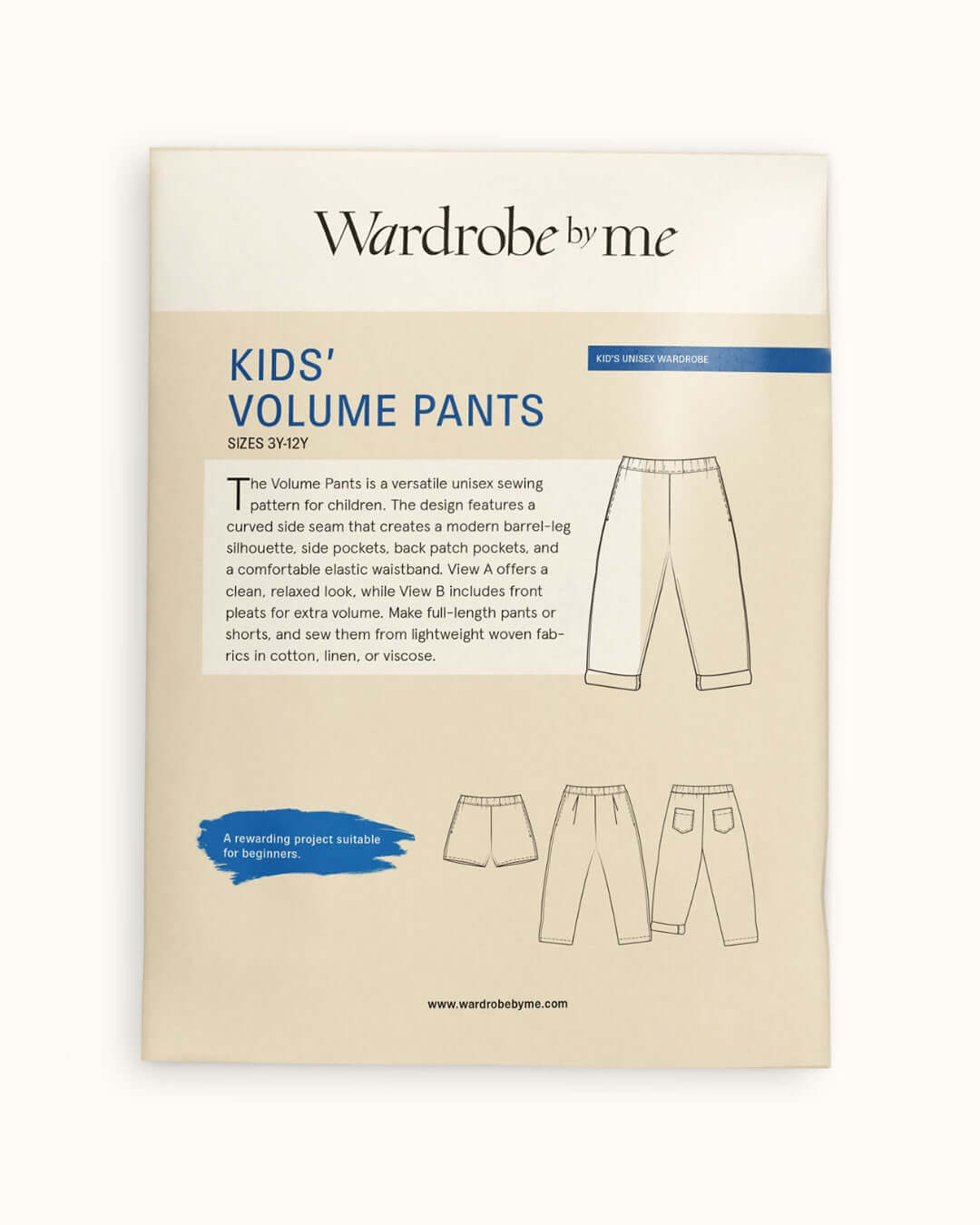 Wardrobe by me kids' volume pants pattern packaging on a beige background