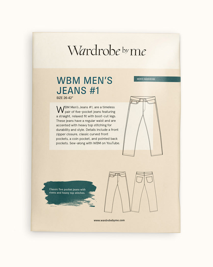 Men's Jeans Paper Pattern featuring classic five-pocket design, sizes 26"-42", detailed sewing instructions.