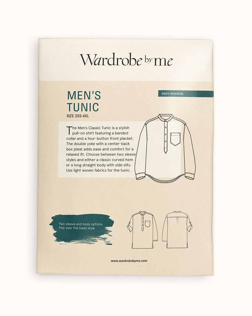 Men's Tunic paper pattern from Wardrobe By Me featuring a banded collar and four-button front placket.
