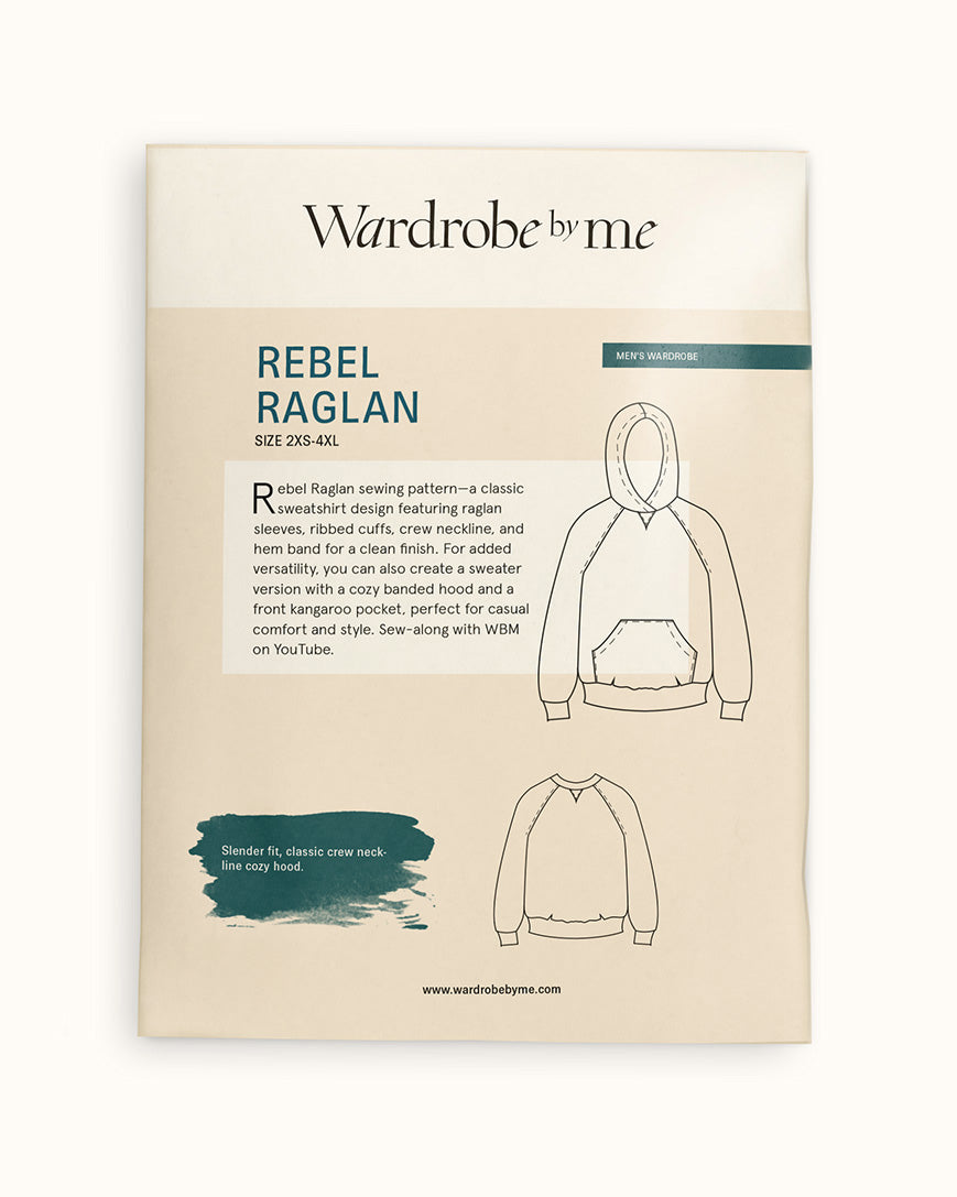 Rebel Hoodie paper pattern for a classic raglan sweater, featuring a lined hood and kangaroo pocket design.