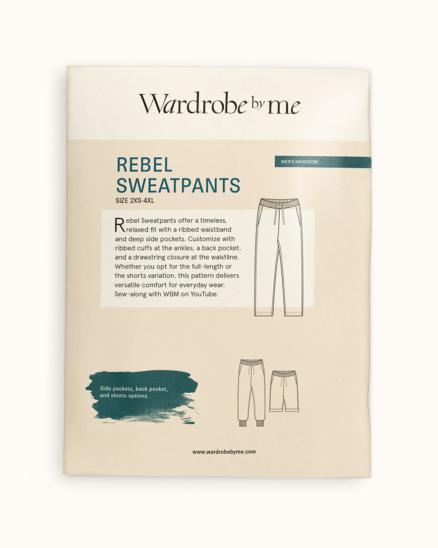 Rebel Sweatpants Paper pattern packaging showcasing comfortable joggers with pockets and elastic waistband.