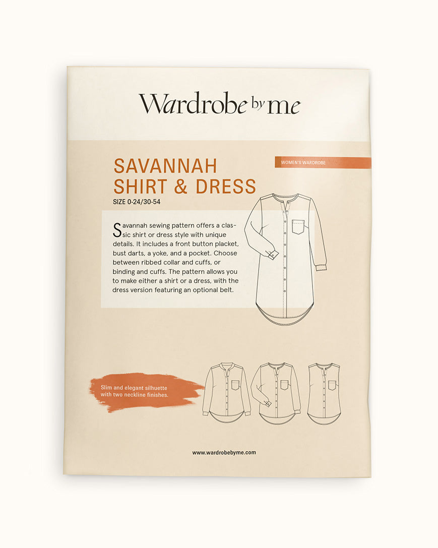 Savannah shirt Paper Pattern size 0-24 / 30-54 with illustrations and text on a cream background.