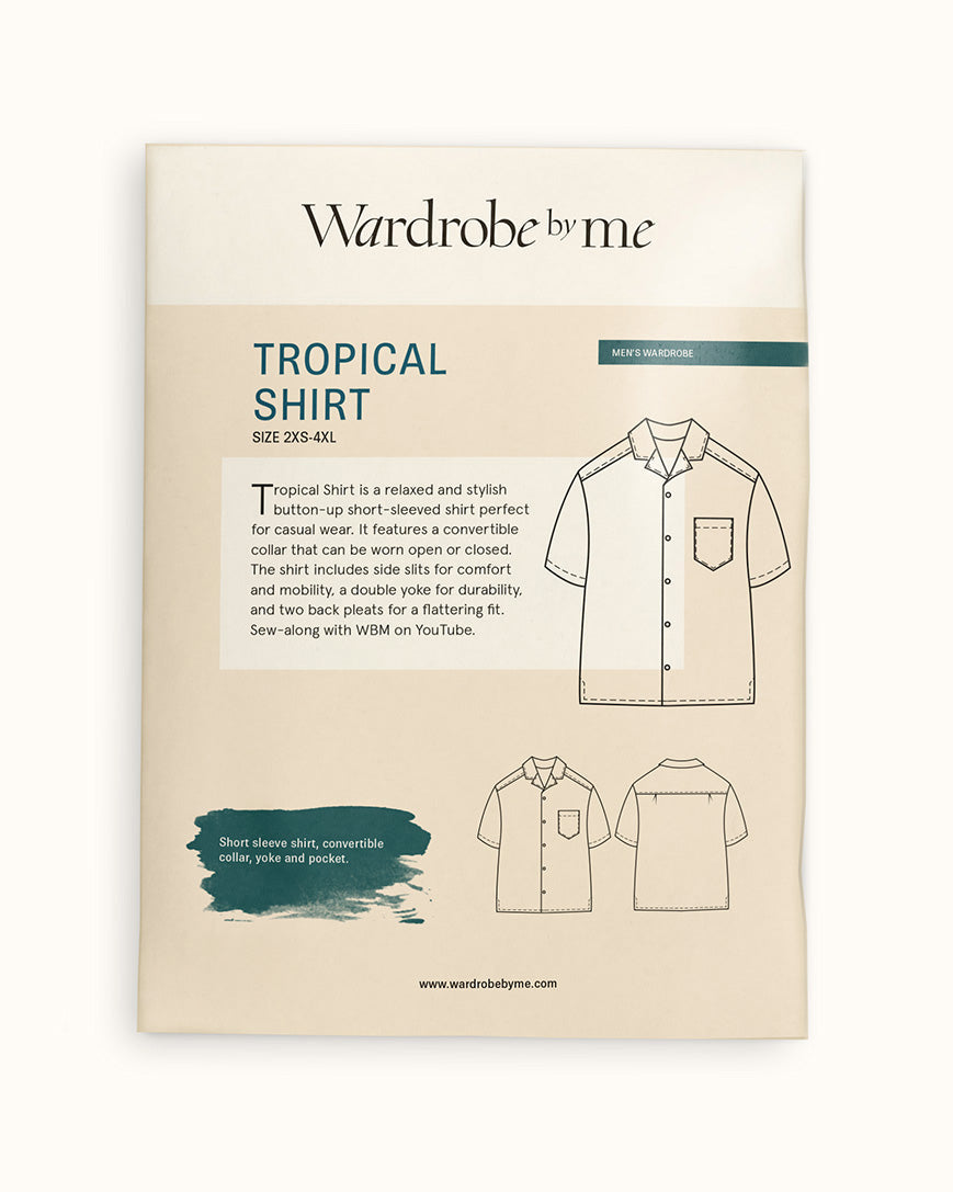 Tropical shirt paper pattern for Men with sewing instructions and design details on the package.