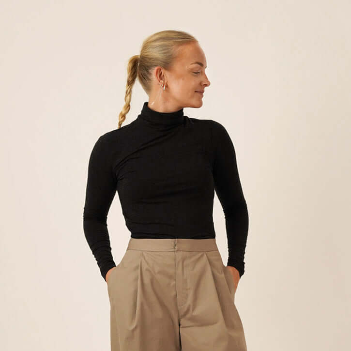 Bermuda pants and shorts sewing pattern styled with Trudy Turtleneck T-shirt Sewing Pattern
