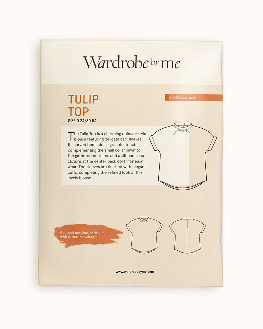 Tulip Top Paper Pattern with gathered neckline and cap sleeves for sizes 0-24 and 30-54, featuring modern design.