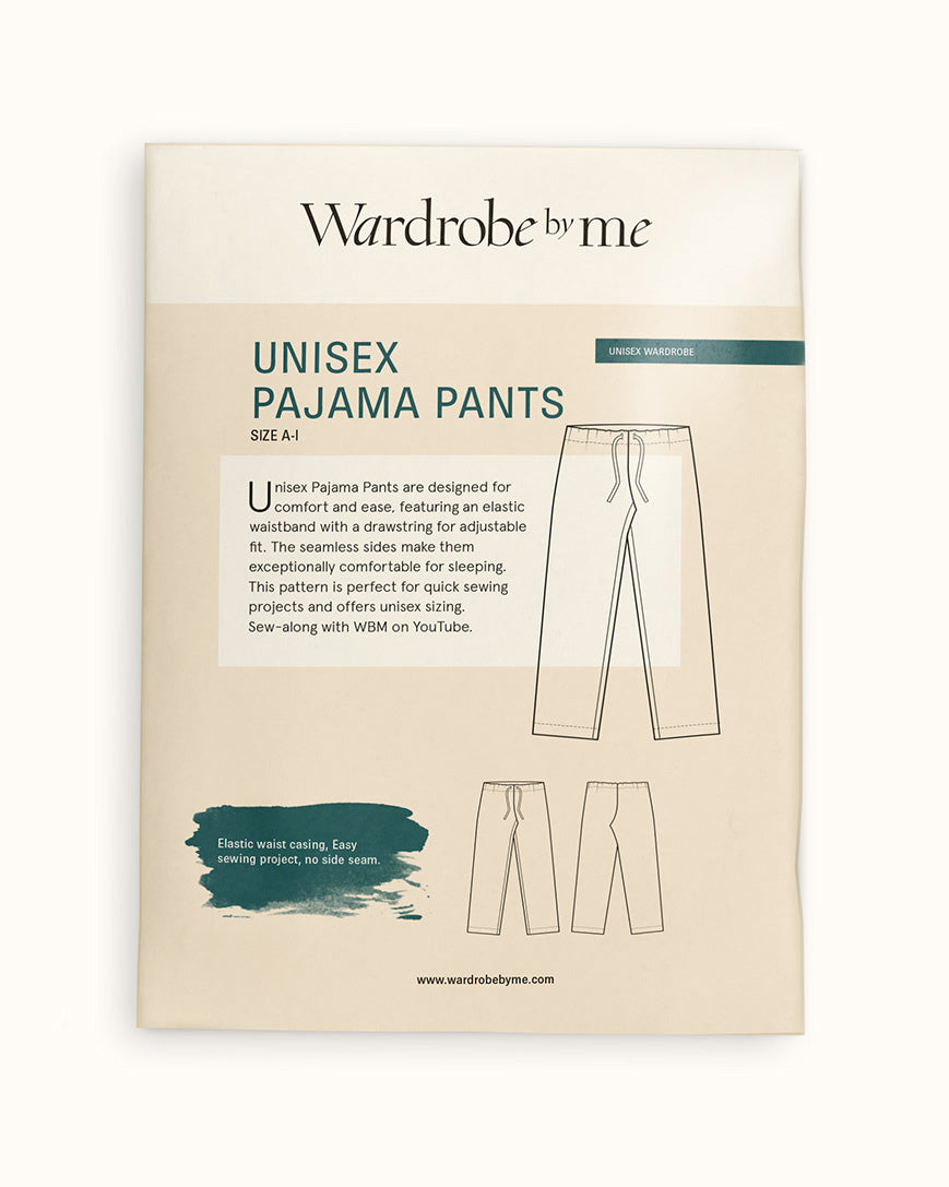 Pajama Pants Paper Pattern for unisex pajama pants, featuring an elastic waistband and easy sewing instructions.
