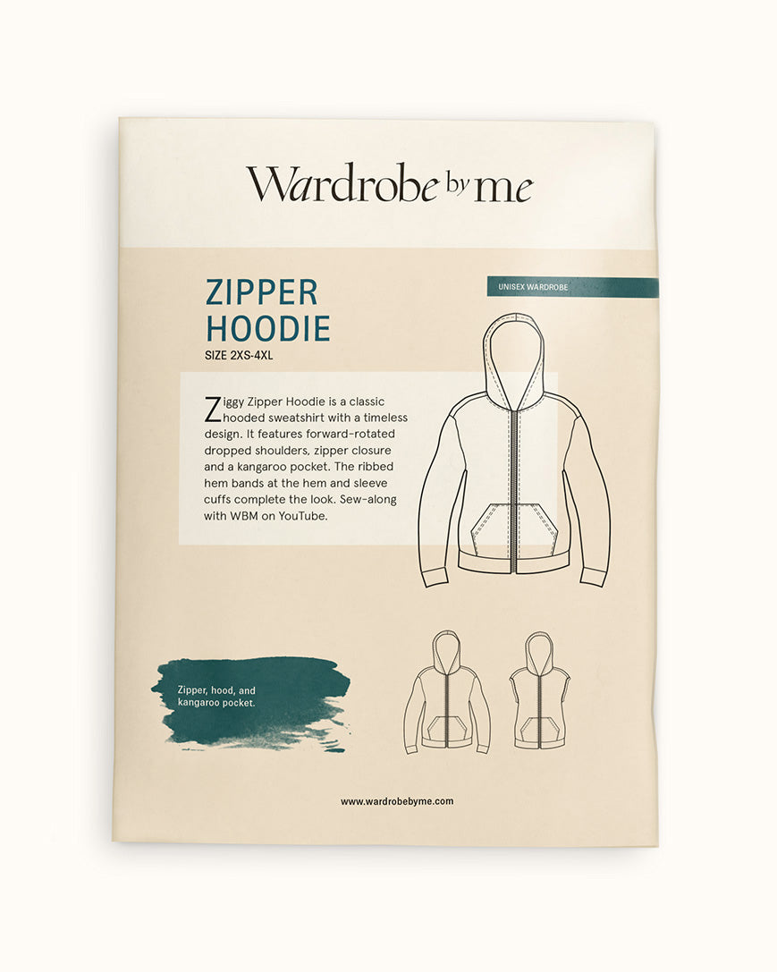 Zipper hoodie paper pattern showcasing a classic zip hoodie design with a stylish lined hood and pockets.