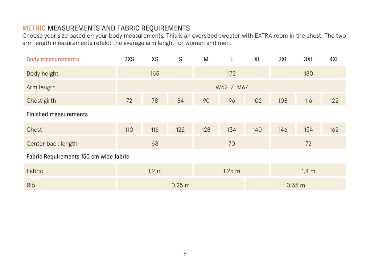 Boyfriend Sweater Paper Pattern measurement and fabric requirements guide for oversized casual sweater.