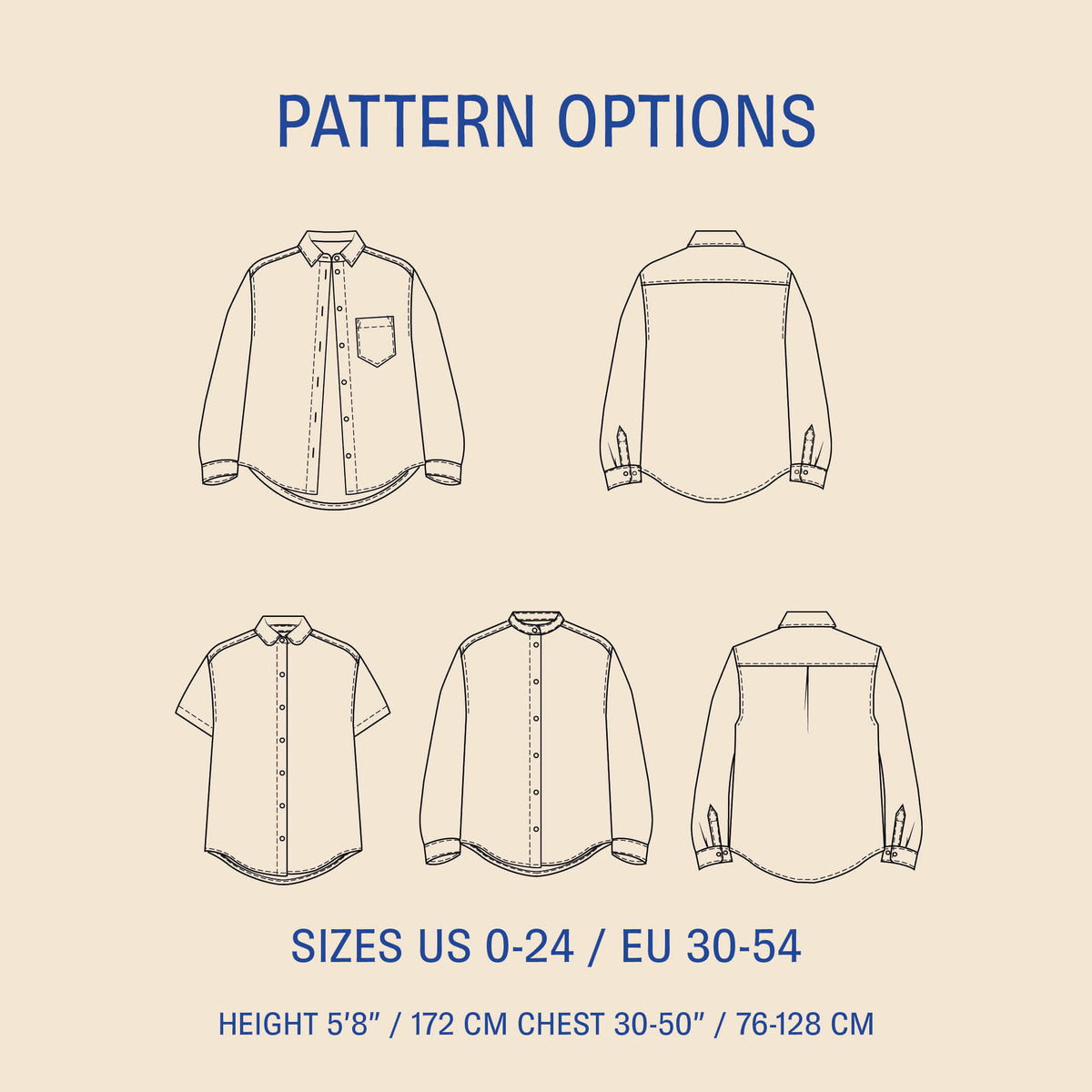 Anna Shirt sewing pattern options displaying four shirt styles and size details.