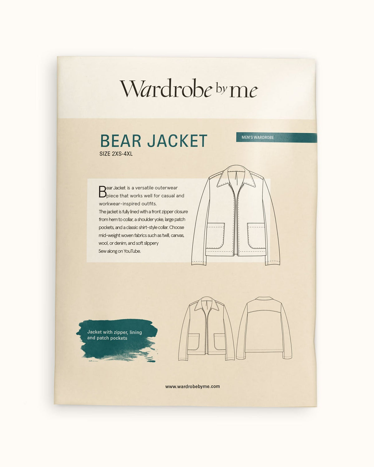 Bear Jacket Paper Sewing Pattern packaging showing design, size options, and details for the Bear Jacket sewing project.