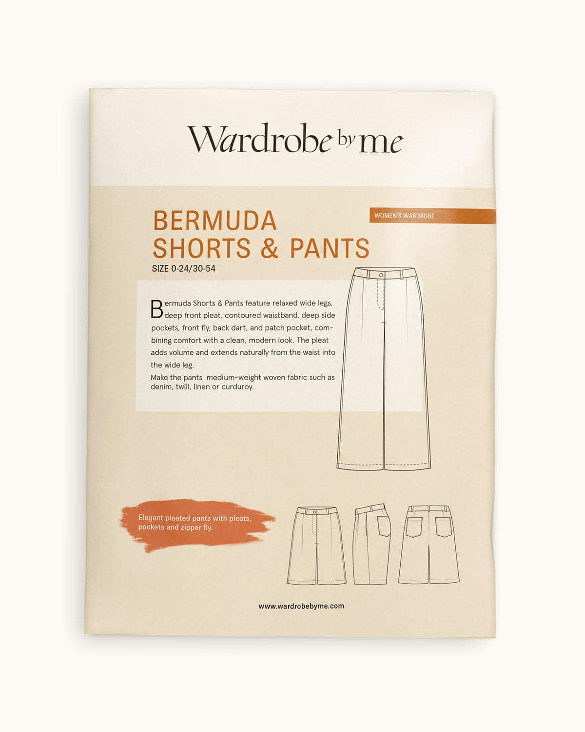 Bermuda Pants and Shorts paper Sewing Pattern packaging showcasing styles and sizes for versatile sewing options.