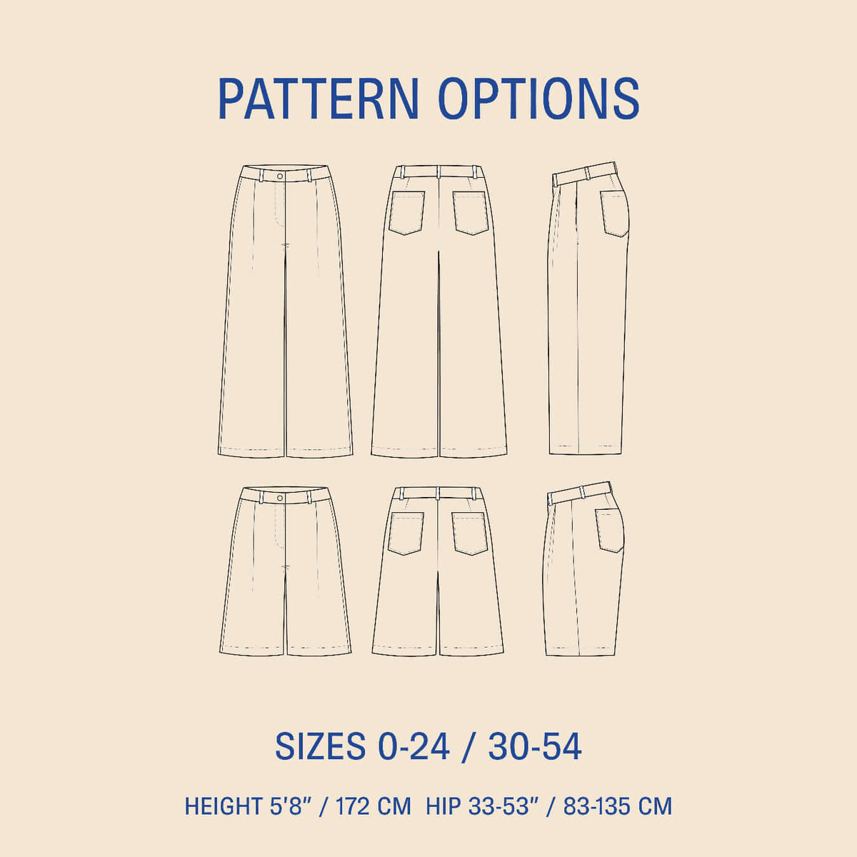 Bermuda Pants and Shorts Sewing Pattern, showing different sizes and styles options for pants and shorts.
