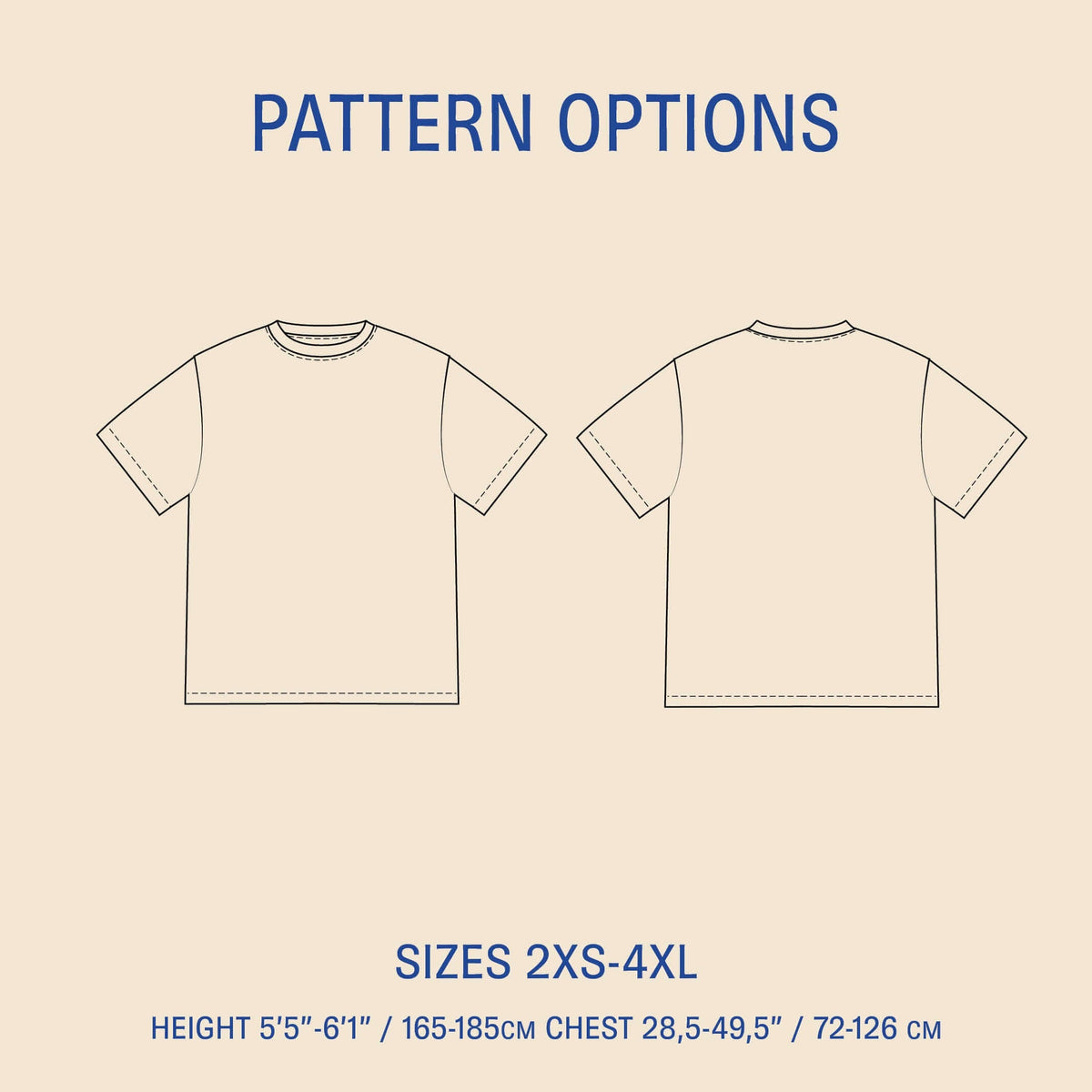 Big T-shirt sewing pattern size options illustration showing front and back views for sizes 2XS-4XL.