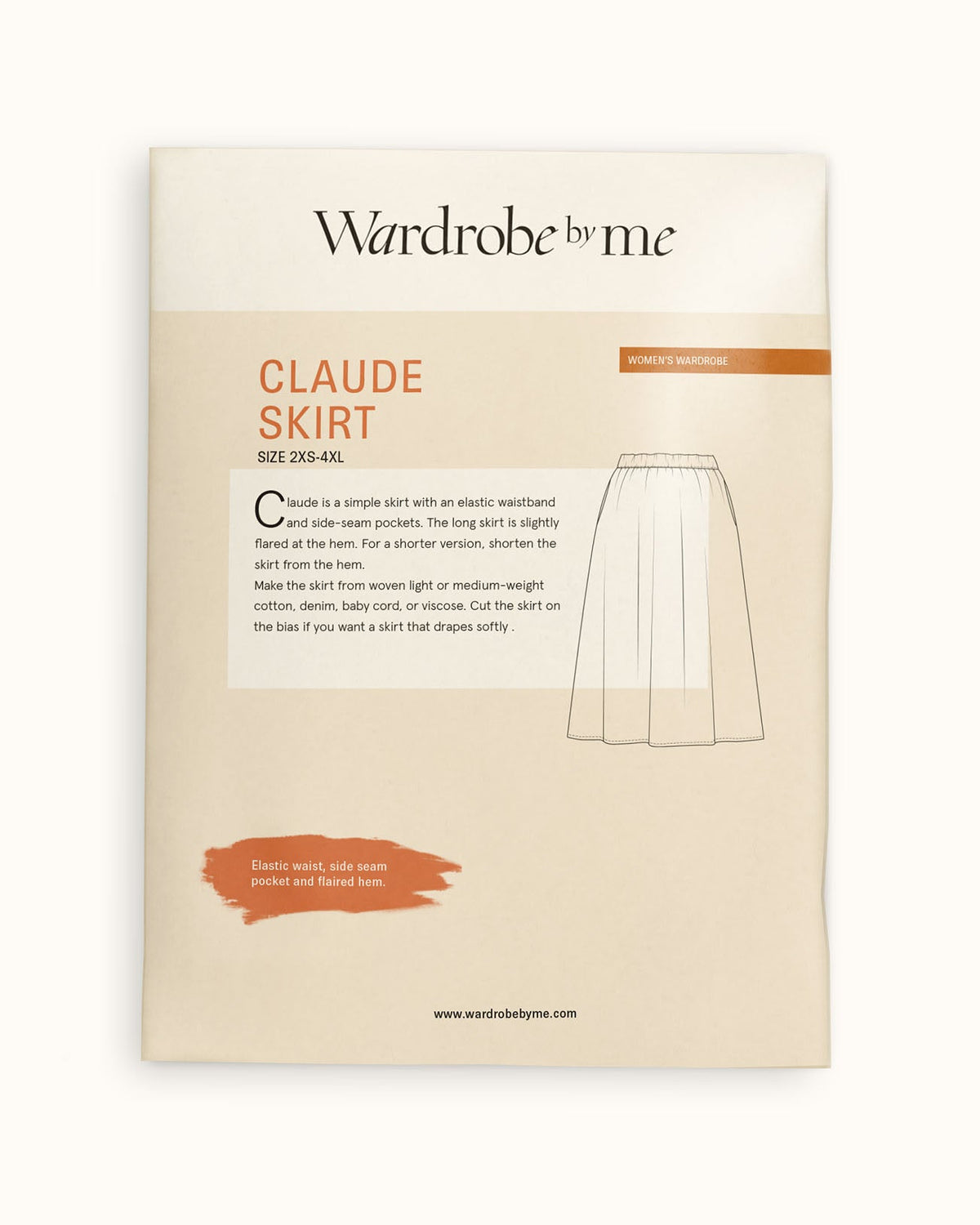 Claude Skirt Paper Sewing Pattern packaging showcasing a simple ankle-length skirt with an elastic waistband and pockets.