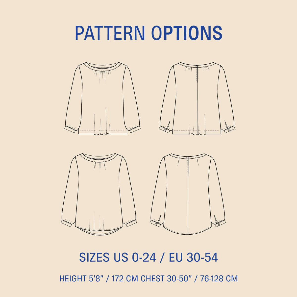 Esther Blouse Paper Pattern design showcasing two sleeve options and sizes from US 0-24 and EU 30-54.