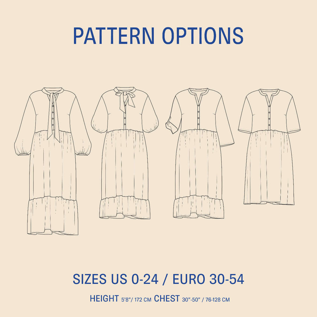 Freedom dress sewing pattern illustrations of a dress with size and height information on a beige background.