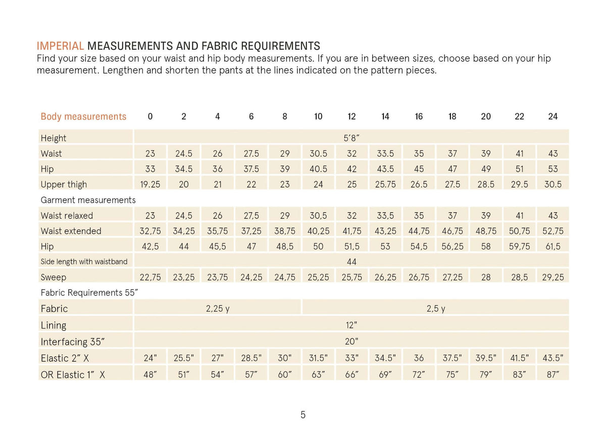 Body measurements and fabric requirements for Palazzo Pants Paper Pattern in women's sizes.