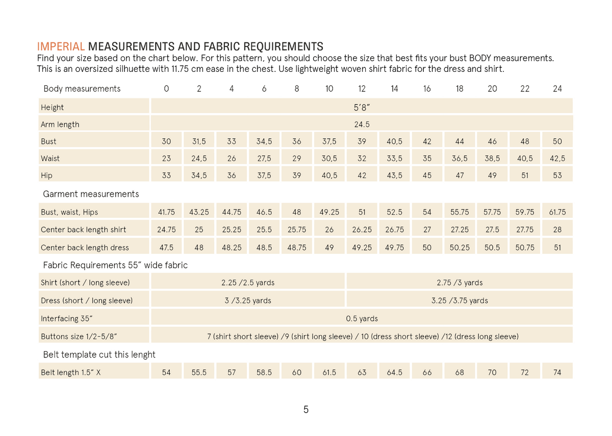 Big Shirt Paper Pattern body measurement chart for women's sizes including bust, waist, hips, and fabric requirements.