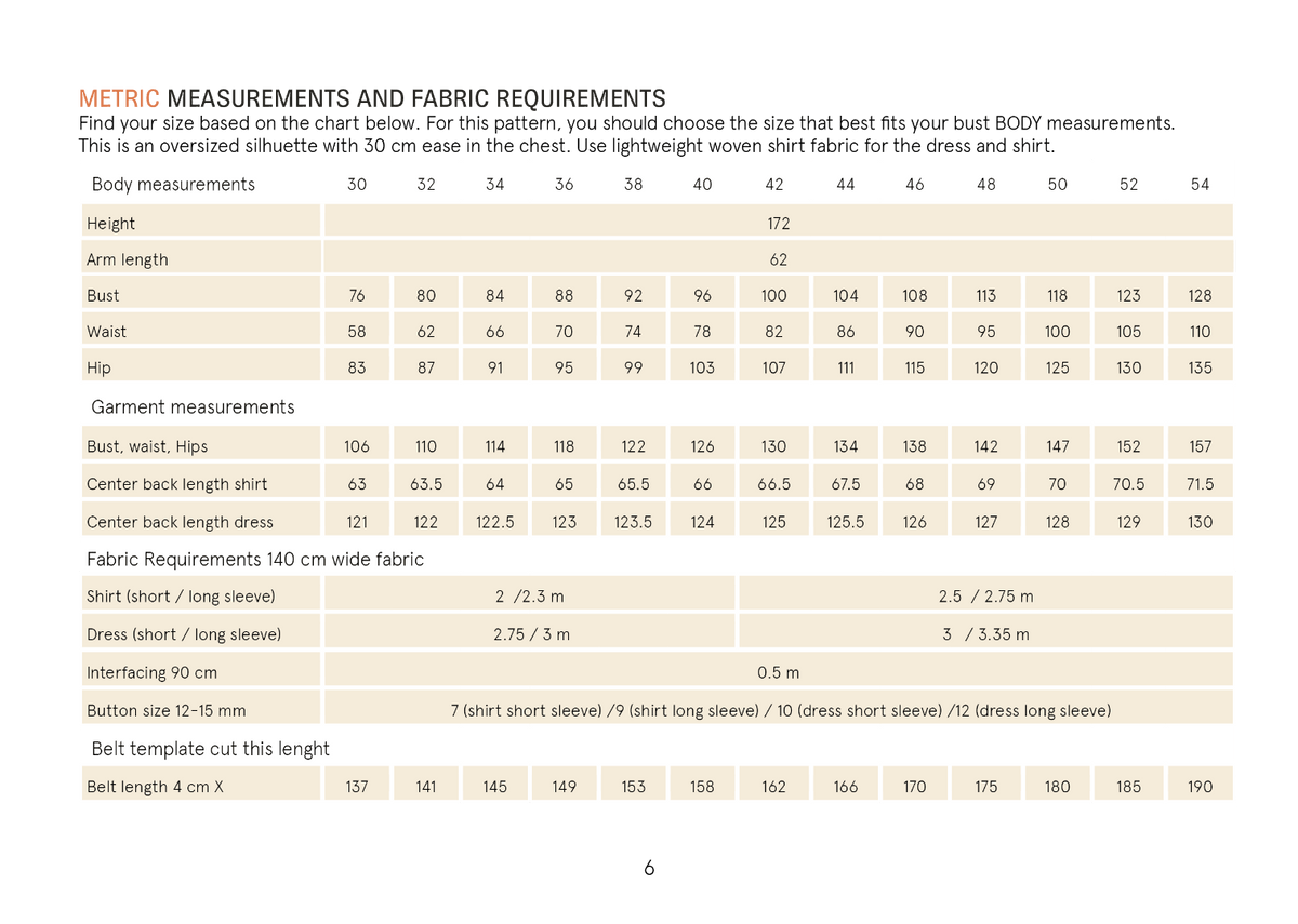 Big Shirt Paper Pattern body measurements and fabric requirements chart for women's sizes.