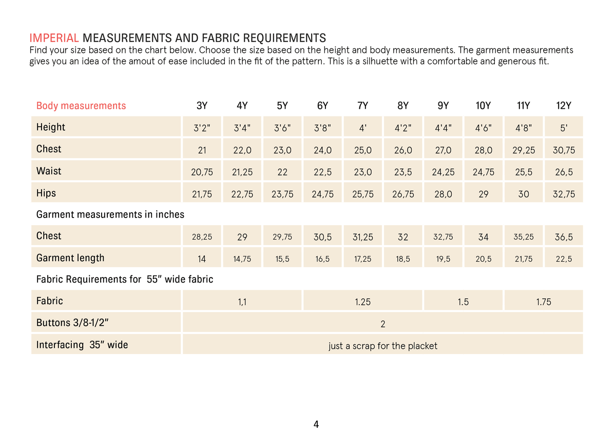 Imperial measurements and fabric requirements for Una Shirt sewing pattern size 3-12 years with body measurements chart.