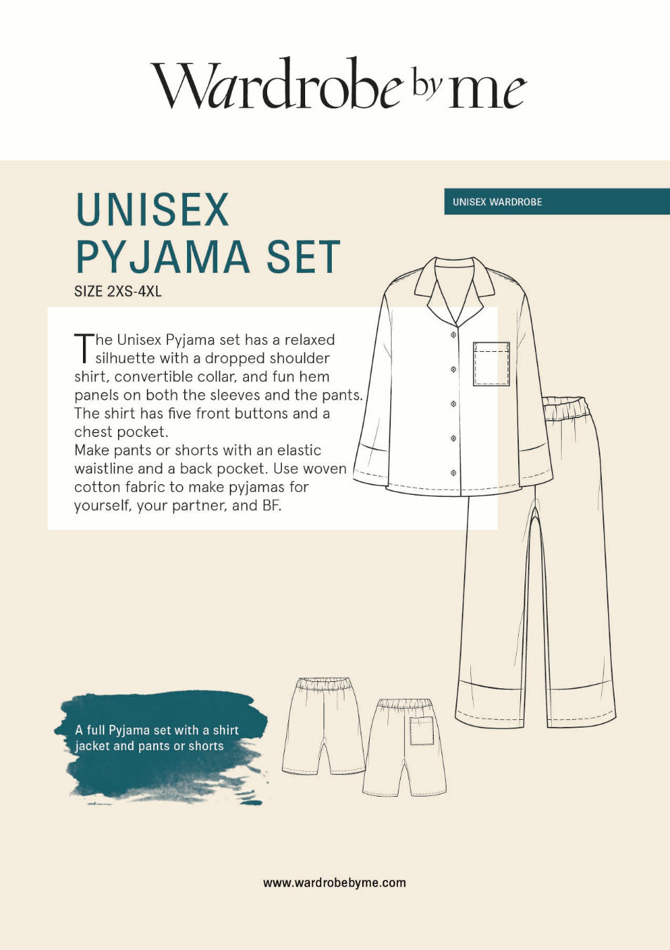 A product information sheet for the Wardrobe by me Unisex Pyjama Set, showing line drawings of a pajama shirt, pants, and shorts on a beige background with descriptive text.