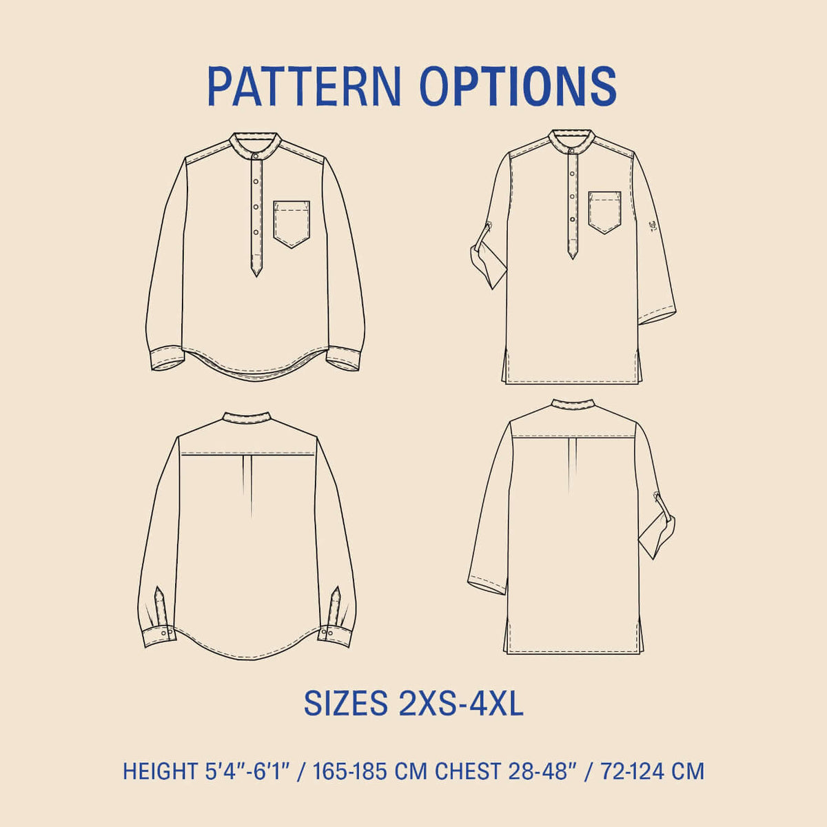 Men's Tunic paper pattern options illustration showing sizes 2XS-4XL and design variations.