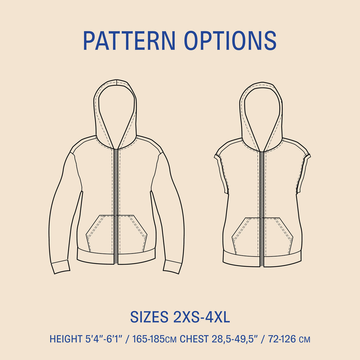 Zipper hoodie paper pattern showing pattern options and size range from 2XS to 4XL for men's hoodies.