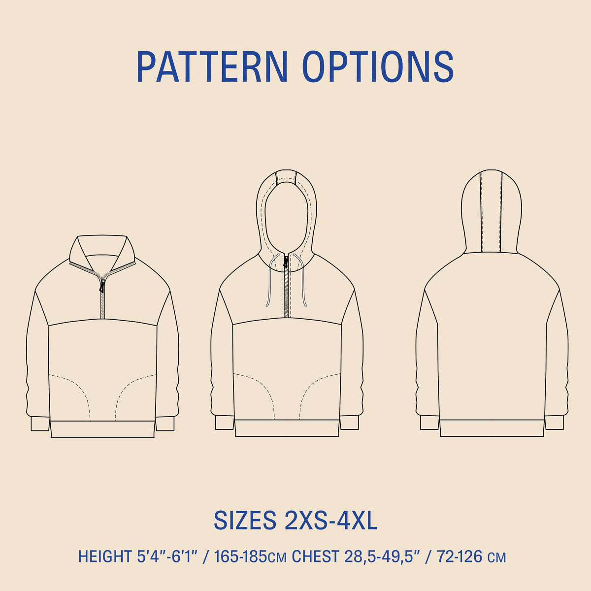 Zip Up Sweater paper pattern showing front, side, and back views with size options 2XS-4XL.