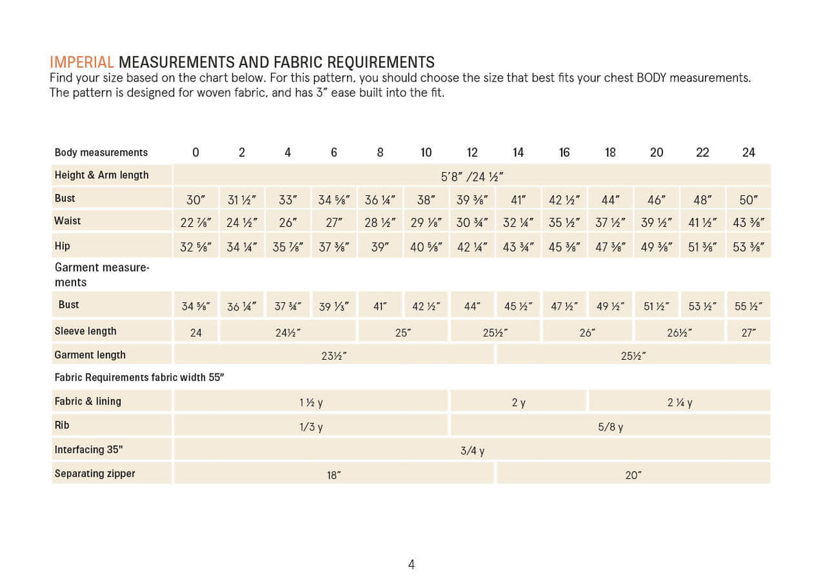 Imperial size chart for the Amelia Bomber Jacket sewing pattern showing body measurements, garment measurements, and fabric requirements