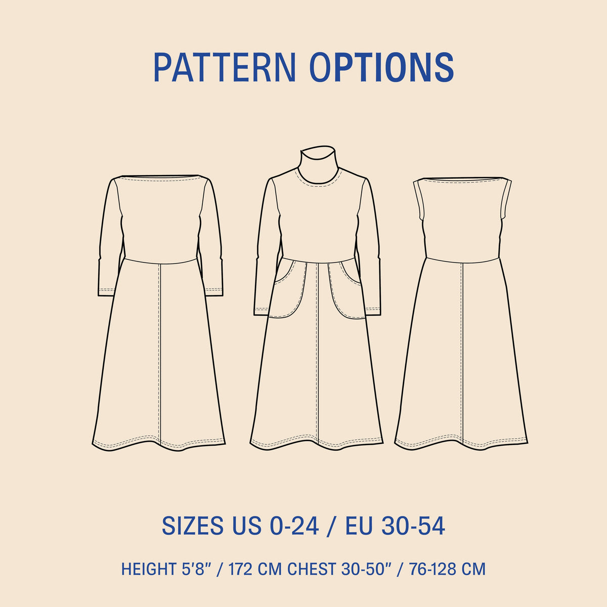 Asta Dress sewing pattern options showing three dress variations with technical drawings