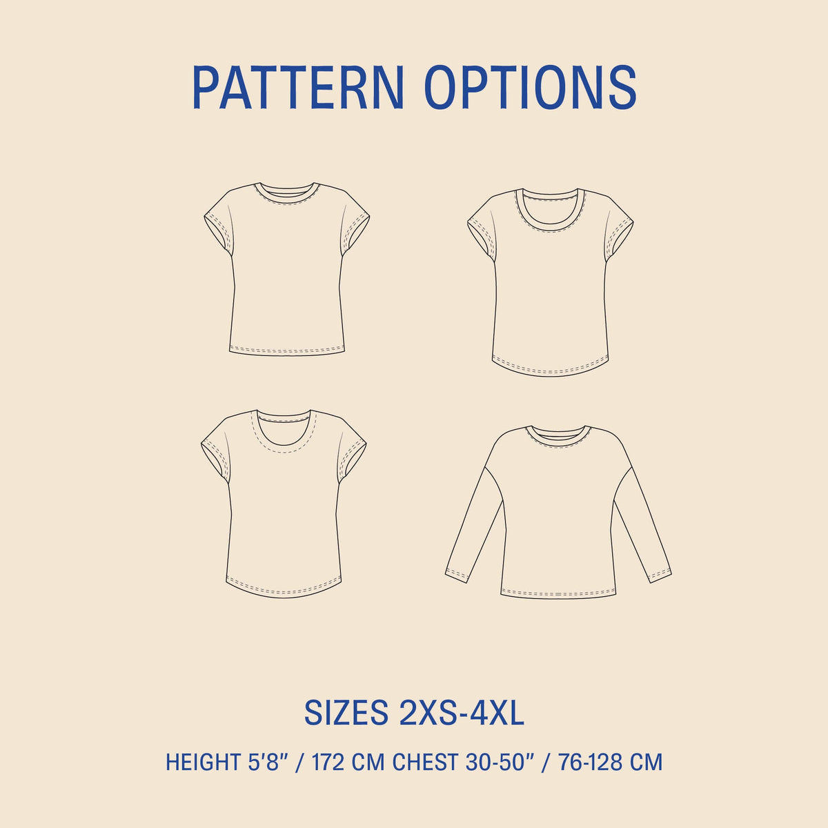 Easy T-shirt sewing pattern with multiple neckline and sleeve options, technical drawings