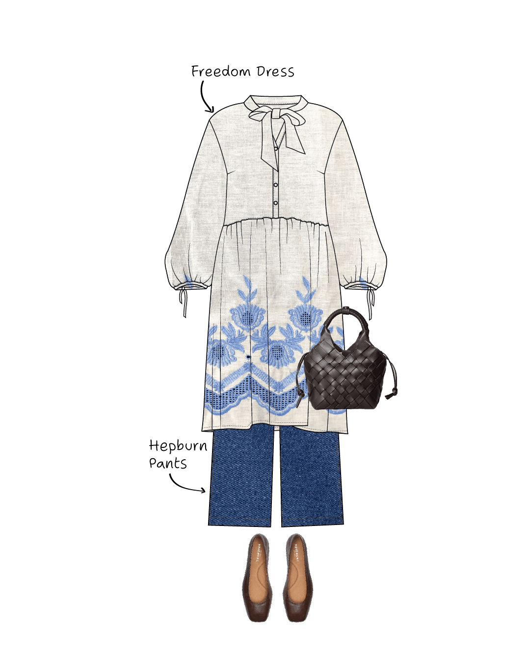 Flat lay styling inspiration for the Freedom Dress sewing pattern featuring an embroidered cream dress layered over blue denim jeans with brown leather flats and a woven handbag