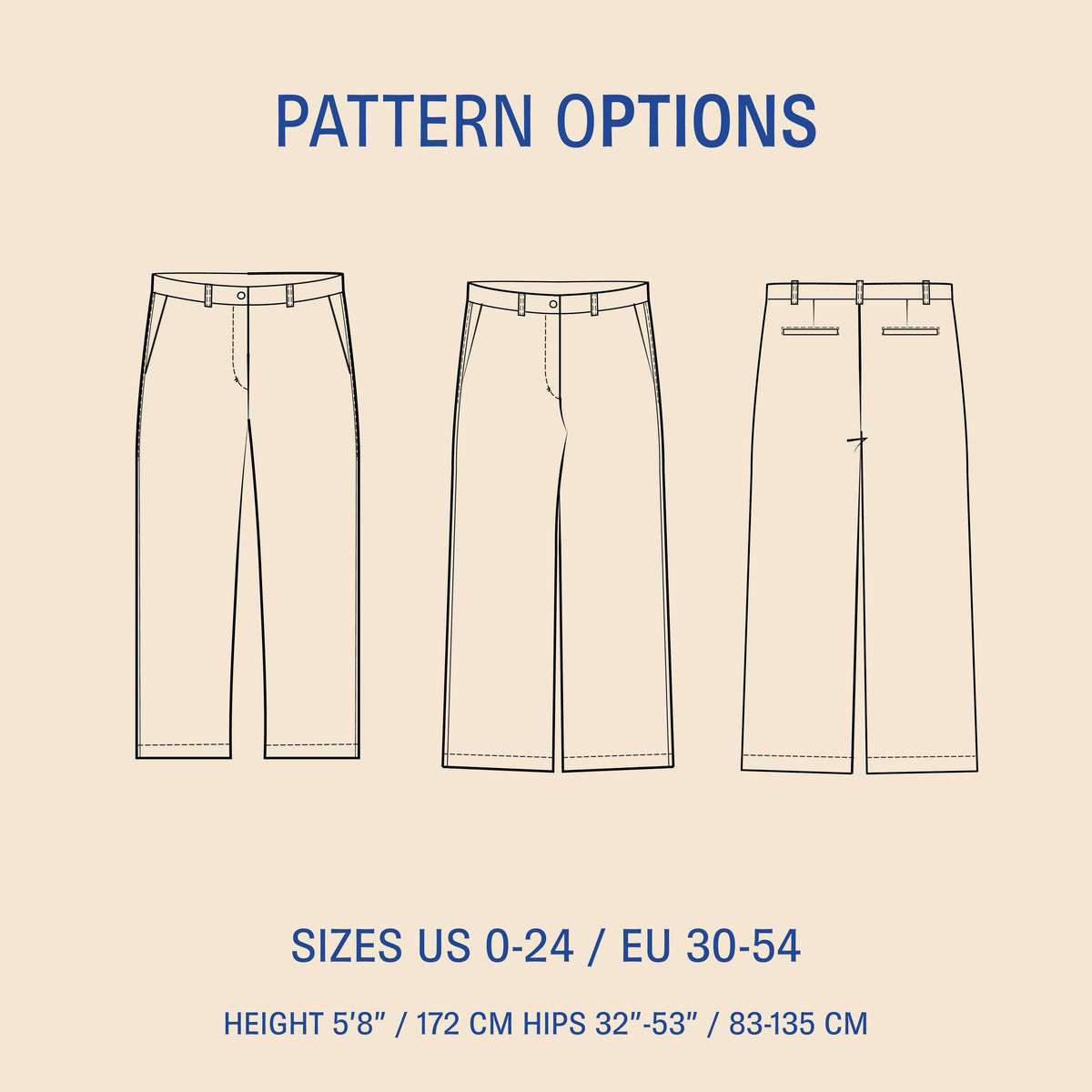 Hepburn Pants sewing pattern options showing front and back views with wide-leg silhouette