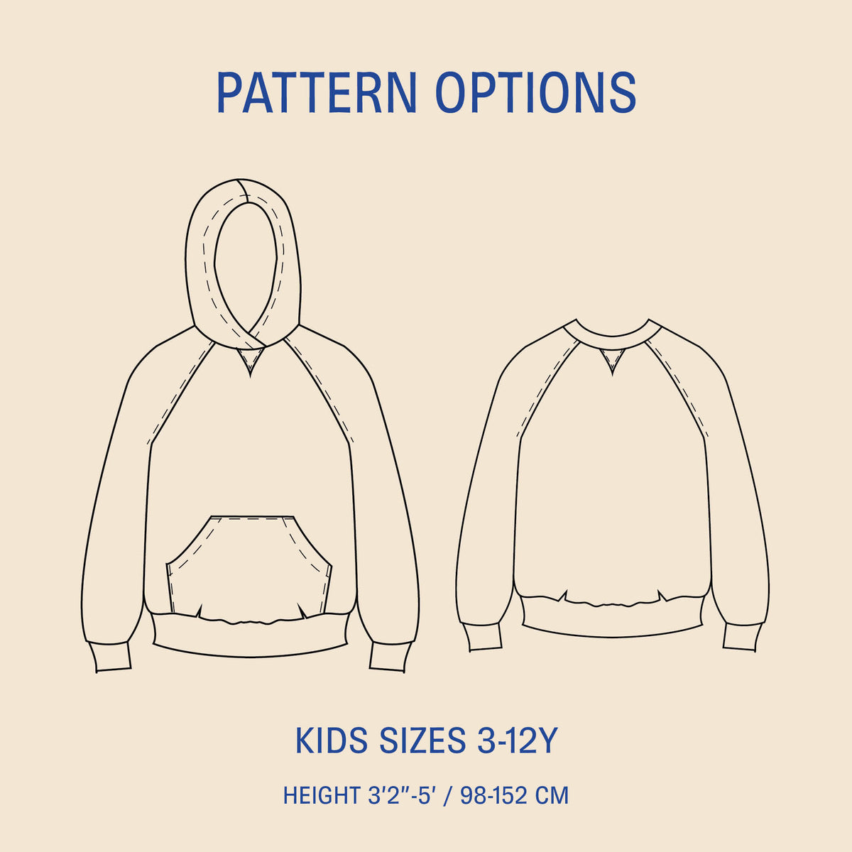 Hoodie sweater sewing pattern options for kids sizes 3-12Y with a hoodie and crew neck design.