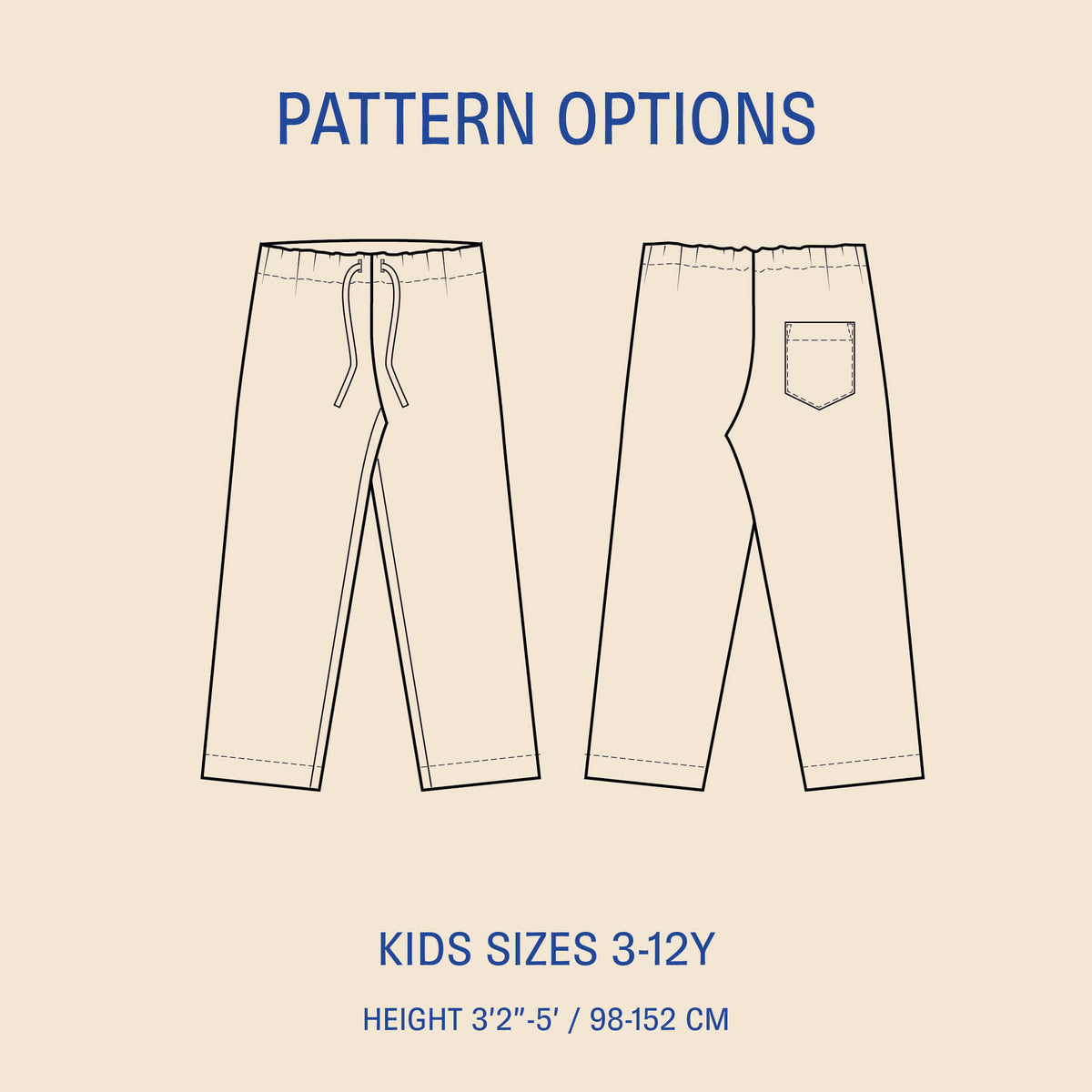 Kids pajama pants sewing pattern with elastic waistband, front and back technical drawings