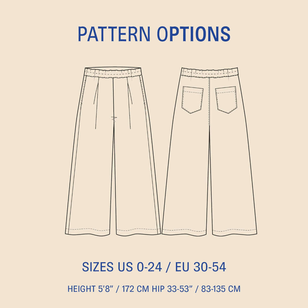 Palazzo Pants Paper Pattern showcasing front and back views, available in women's sizes US 0-24, EU 30-54.