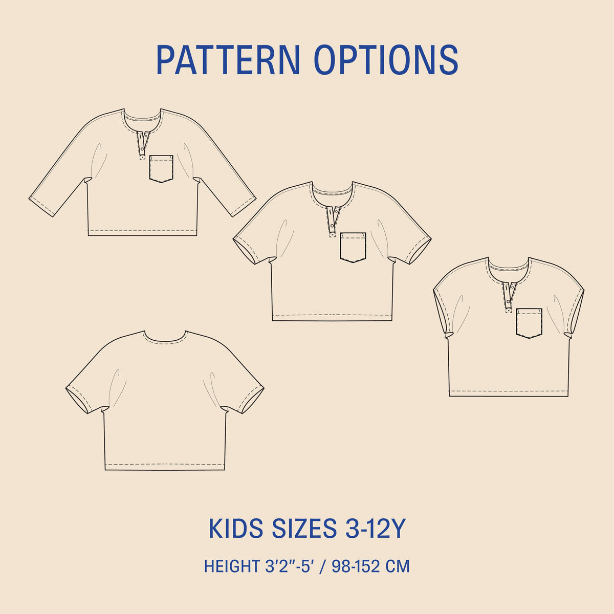 Una shirt sewing pattern for kids with pattern options for sizes 3-12 years, featuring various sleeve styles and pocket design.