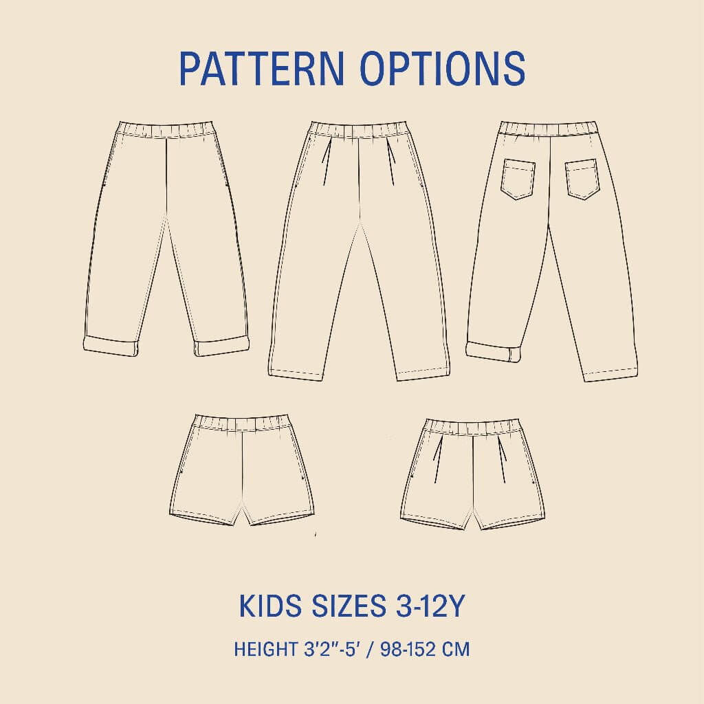 Kids' Volume Pants sewing pattern options showcasing styles and sizes for ages 3-12Y.