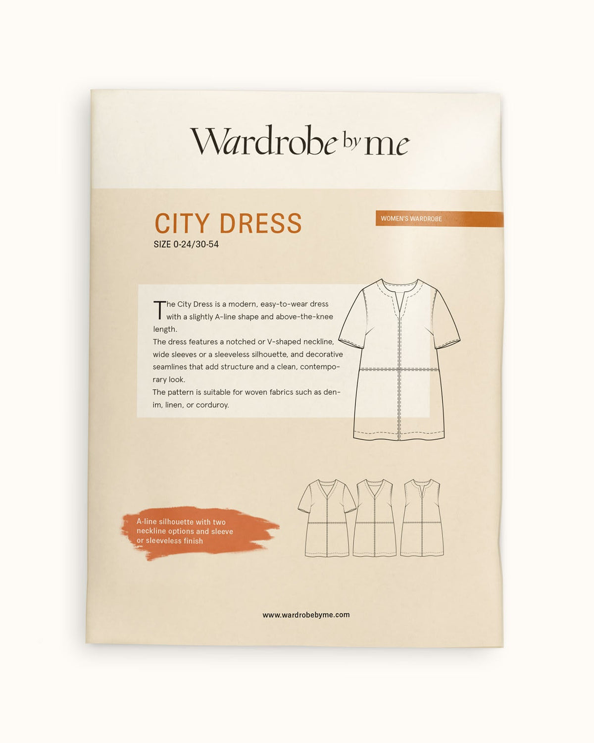 City Dress paper Sewing Pattern by Wardrobe, featuring modern design and sizing details for women's dresses.
