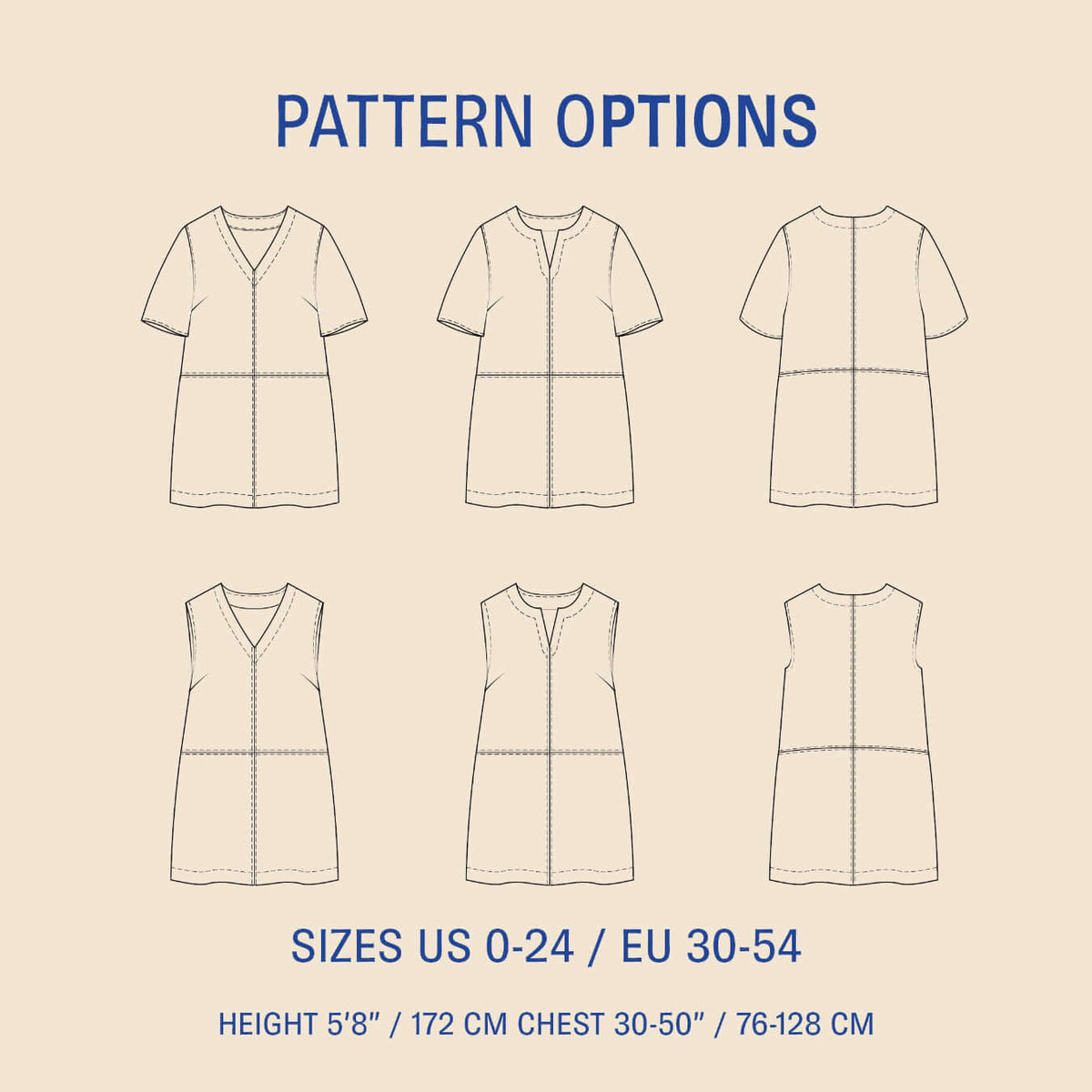 City Dress paper Sewing Pattern options showcasing different styles and sizes from US 0-24 / EU 30-54.