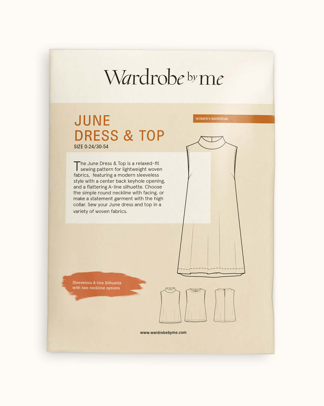 June Dress Paper Sewing Pattern by Wardrobe by Me, featuring a sleeveless A-line design and multiple neckline options.