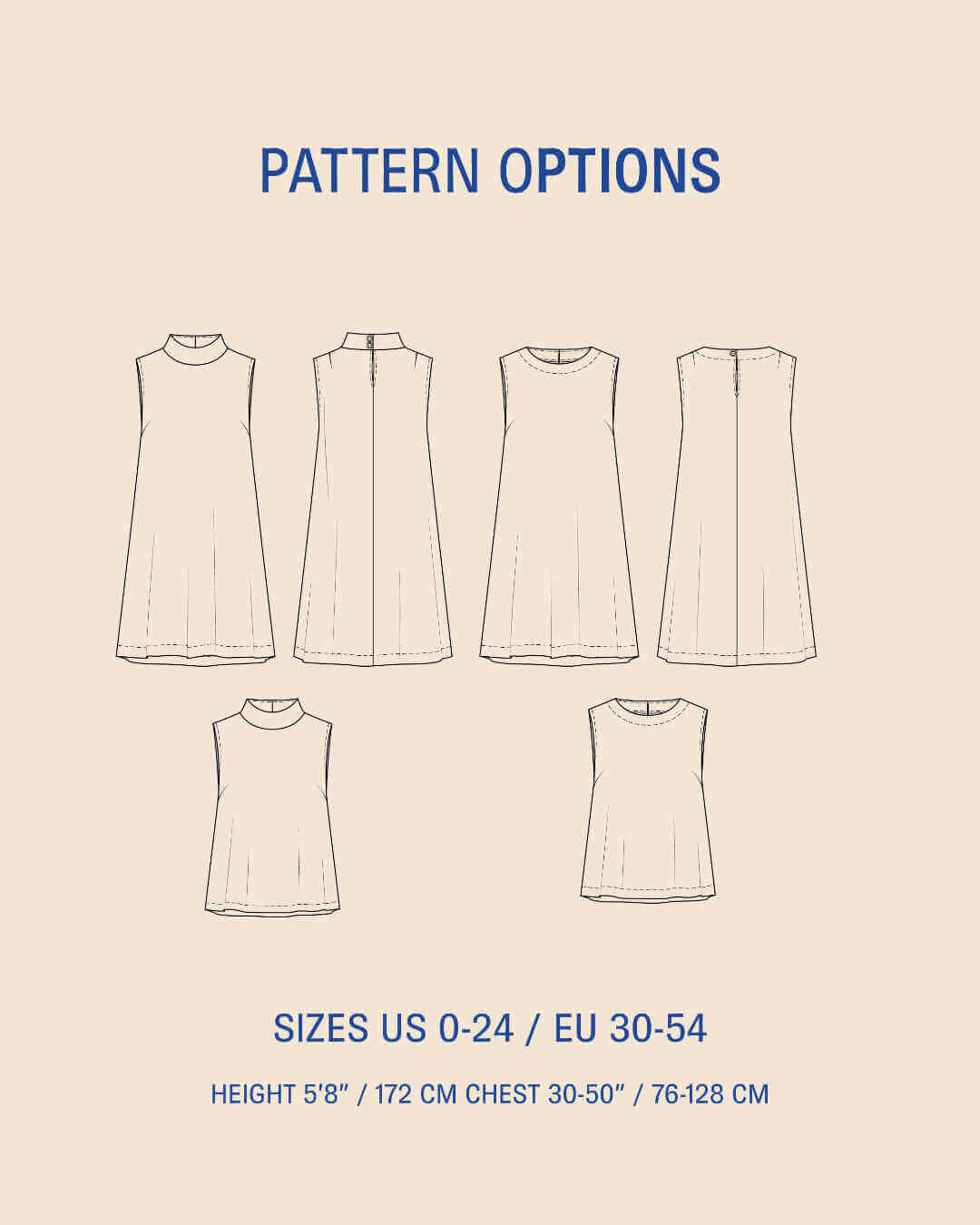 June Dress Paper Sewing Pattern showing various design options and sizes US 0-24 / EU 30-54.