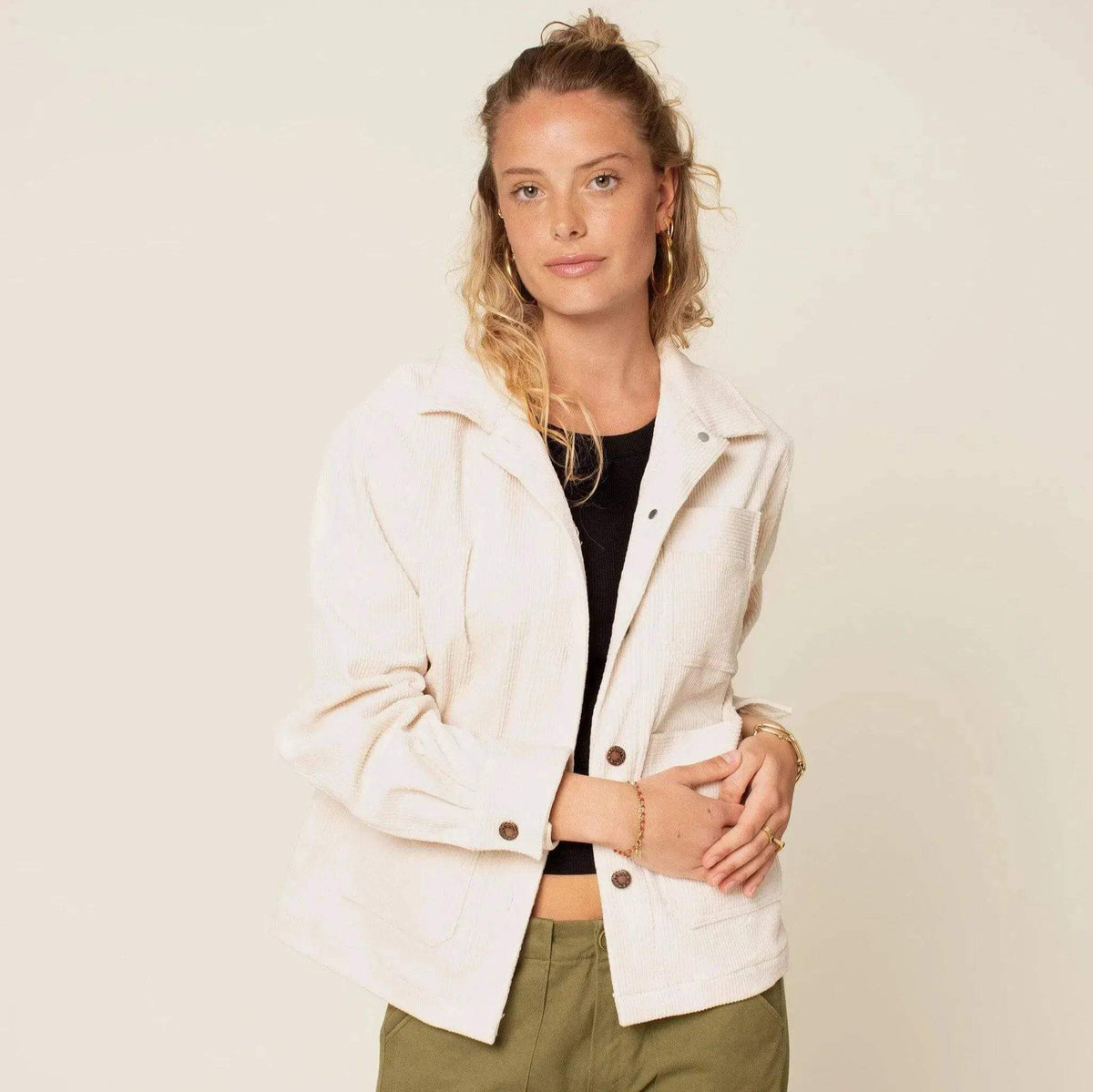 Canvas Jacket Paper Pattern on a model in a casual pose, showcasing its boxy fit and multiple pockets.
