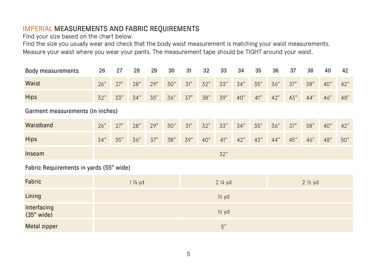 Chino Pants Paper Pattern size chart showing body measurements and fabric requirements for sewing.