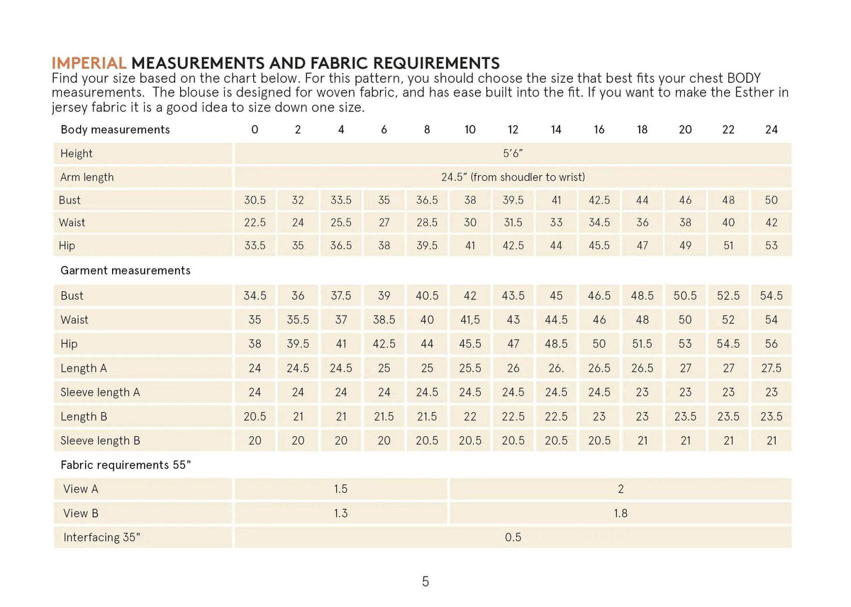 Esther Blouse Paper Pattern measurements and fabric requirements chart for sizes and specifications.