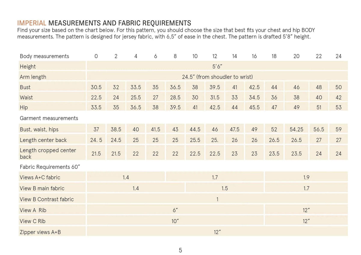 Half-Zipper Sweater Paper Pattern size chart with measurements and fabric requirements.