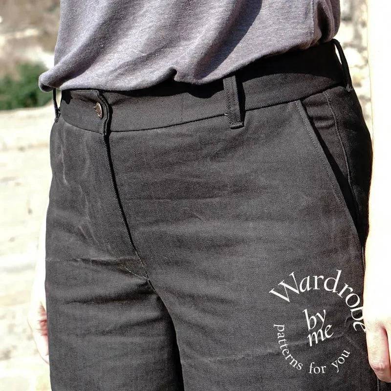 Close-up of Hepburn Pants Paper Pattern showcasing tailored pants with front pockets and contoured waistband.