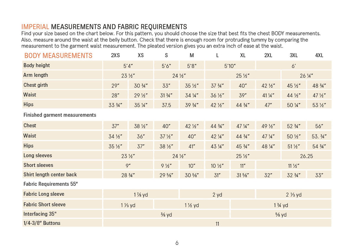 Imperial measurements and fabric requirements chart for Jensen shirt Paper Pattern in men's sizes.