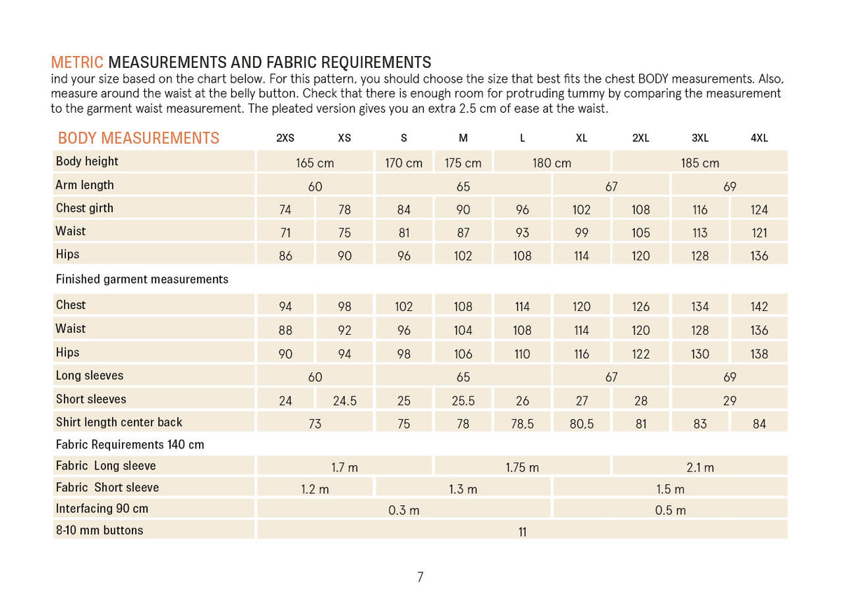 Metric measurements and fabric requirements for Jensen shirt Paper Pattern in men's sizes 2XS to 4XL.