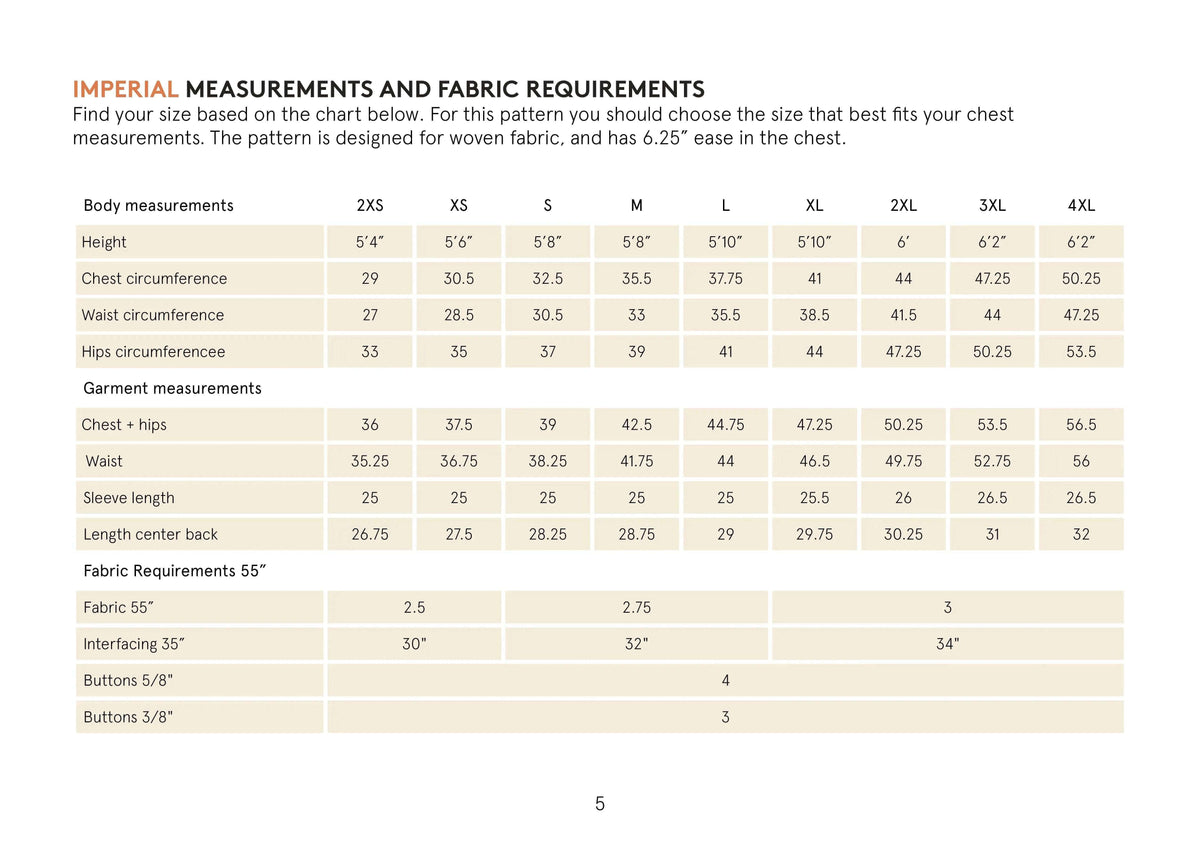 Imperial measurements and fabric requirements chart for Overshirt Jacket Paper Pattern men's sizes.